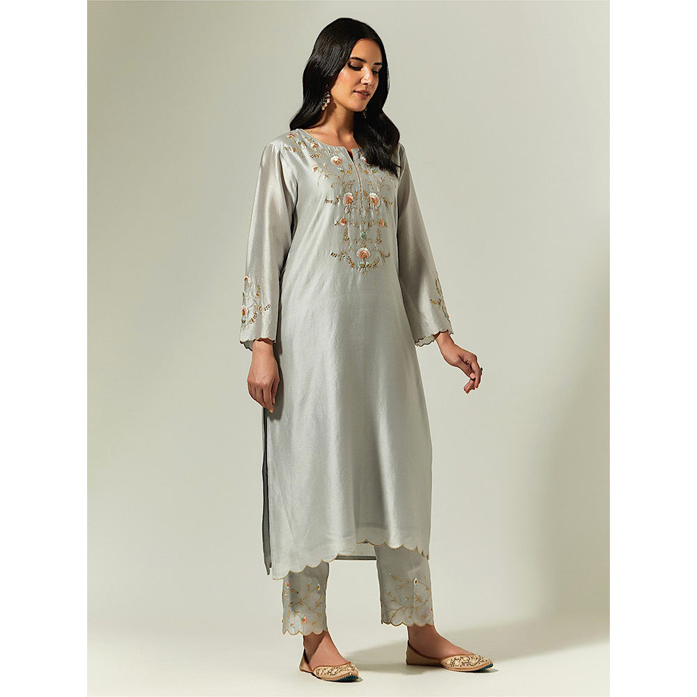 Anantaa by Roohi Trehan Grey Silk Chanderi Hand Embroidered Kurta