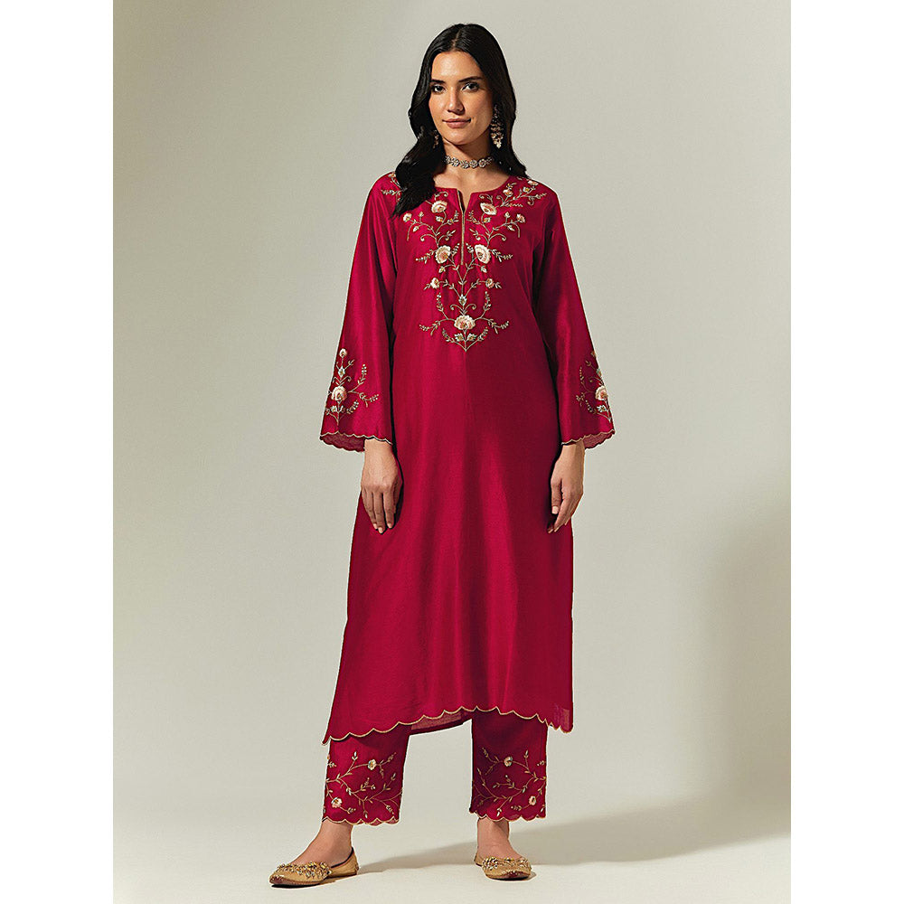 Anantaa by Roohi Trehan Red Silk Chanderi Hand Embroidered Kurta