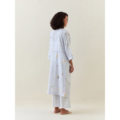 Anantaa by Roohi Trehan Blue Botanical Print Front Open Cotton Linen Jacket