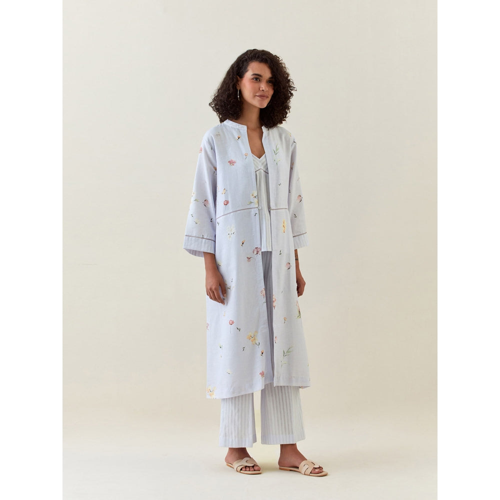 Anantaa by Roohi Trehan Blue Botanical Print Front Open Cotton Linen Jacket