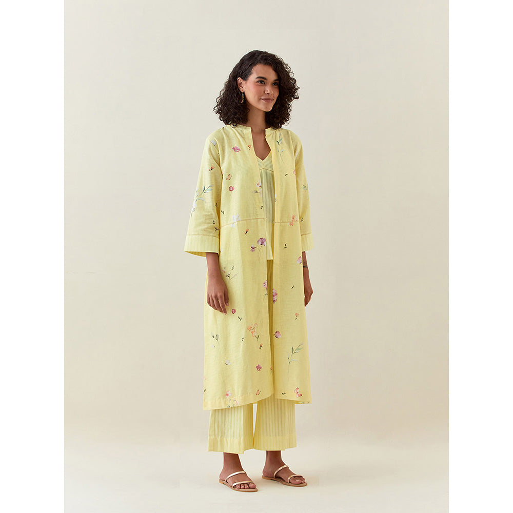 Anantaa by Roohi Trehan Yellow Botanical Print Front Open Cotton Linen Jacket