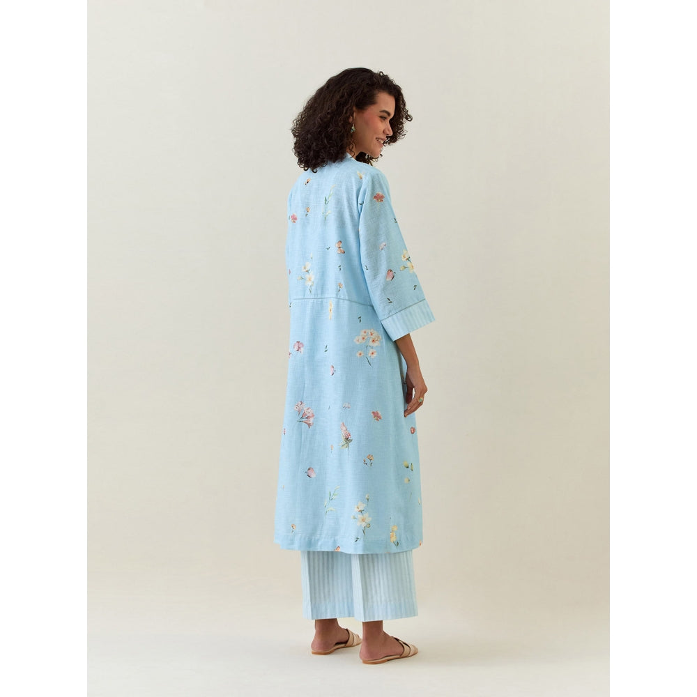 Anantaa by Roohi Trehan Blue Botanical Print Front Open Cotton Linen Jacket