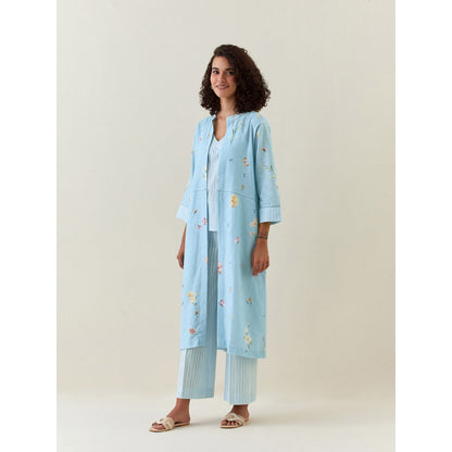 Anantaa by Roohi Trehan Blue Botanical Print Front Open Cotton Linen Jacket