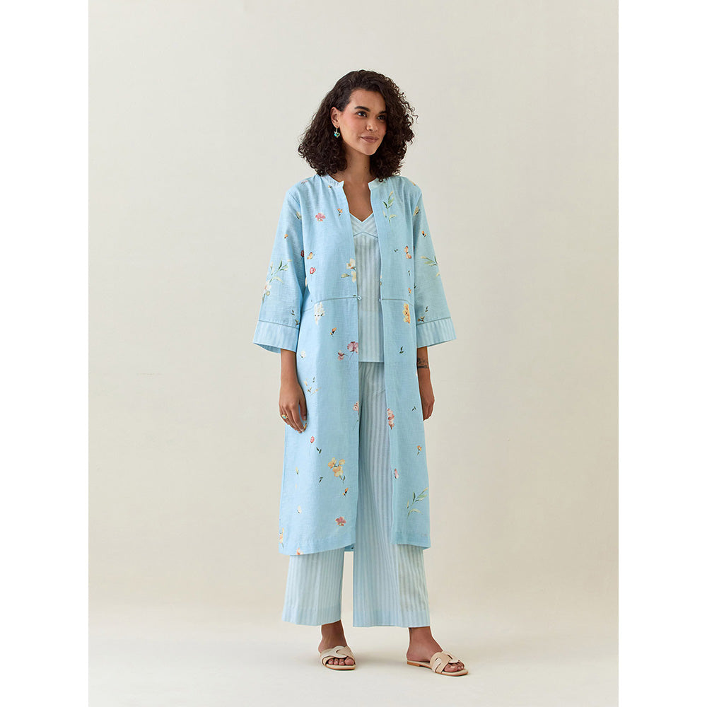 Anantaa by Roohi Trehan Blue Botanical Print Front Open Cotton Linen Jacket