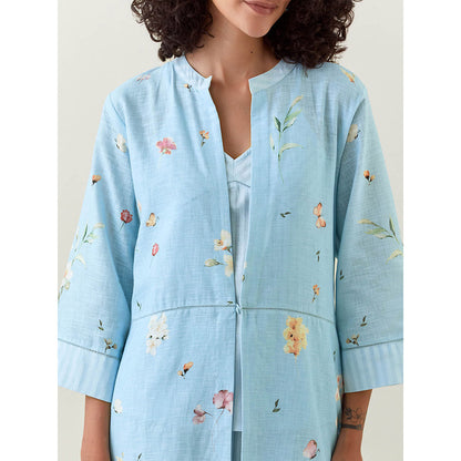 Anantaa by Roohi Trehan Blue Botanical Print Front Open Cotton Linen Jacket