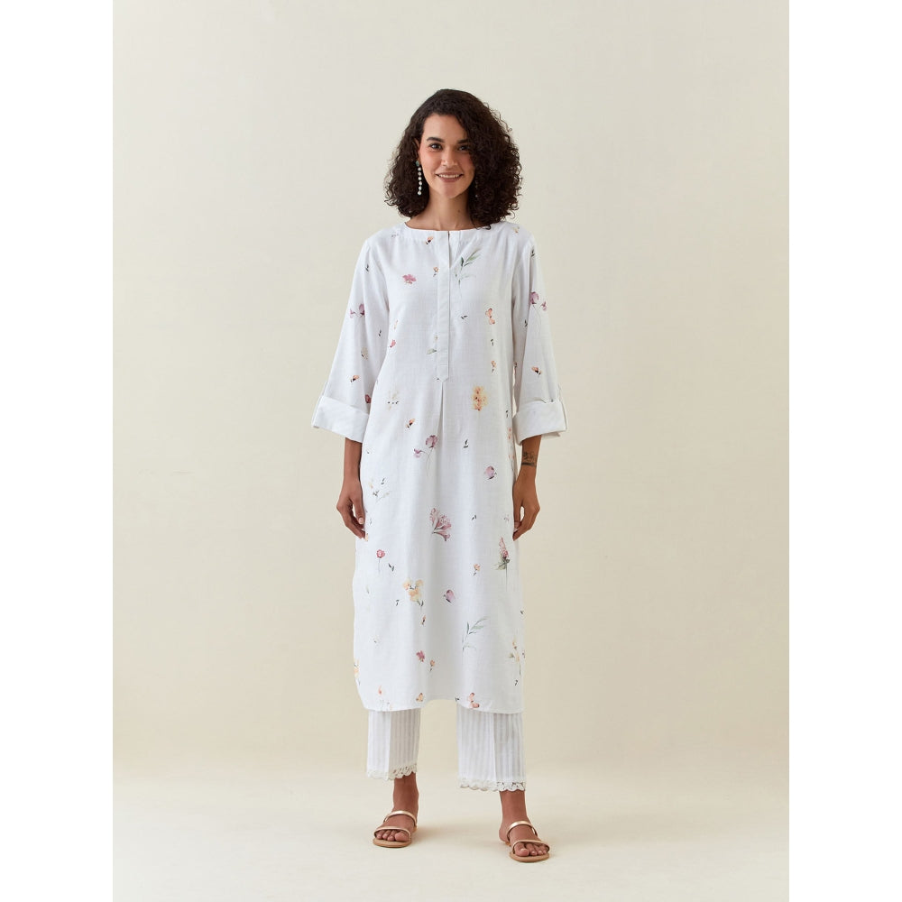 Anantaa by Roohi Trehan White Botanical Print Cotton Linen Tunic With Pocket