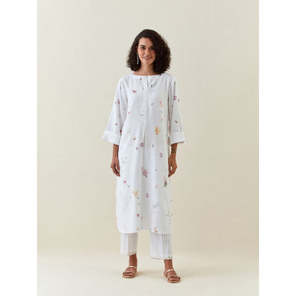 Anantaa by Roohi Trehan White Botanical Print Cotton Linen Tunic With Pocket