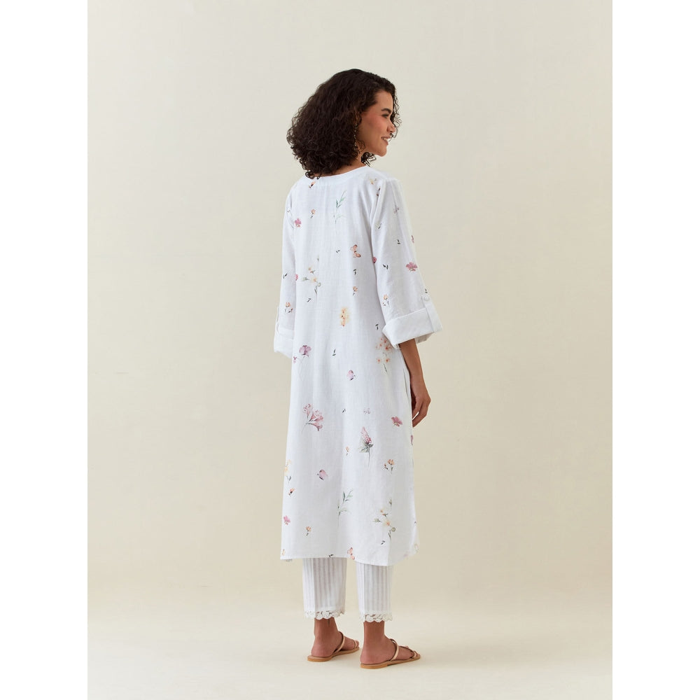 Anantaa by Roohi Trehan White Botanical Print Cotton Linen Tunic With Pocket