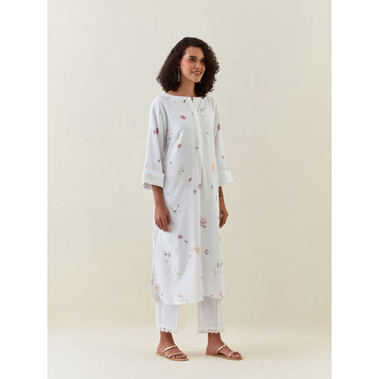 Anantaa by Roohi Trehan White Botanical Print Cotton Linen Tunic With Pocket