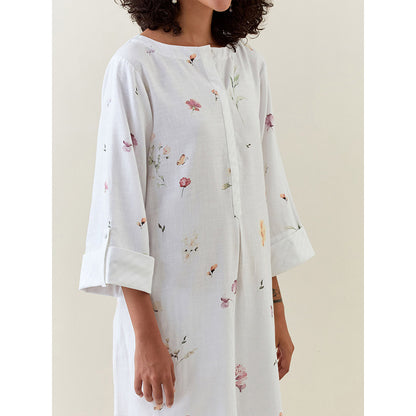 Anantaa by Roohi Trehan White Botanical Print Cotton Linen Tunic With Pocket