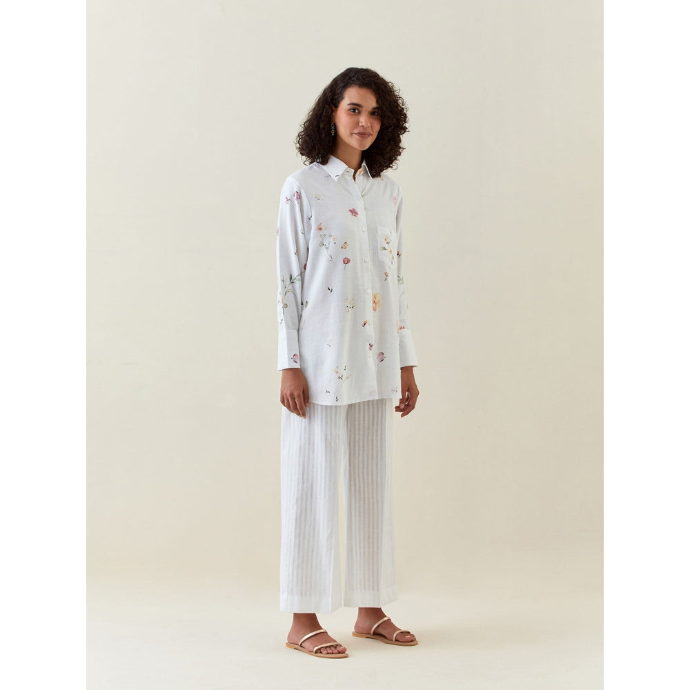 Anantaa by Roohi Trehan White Botanical Print Cotton Linen Shirt
