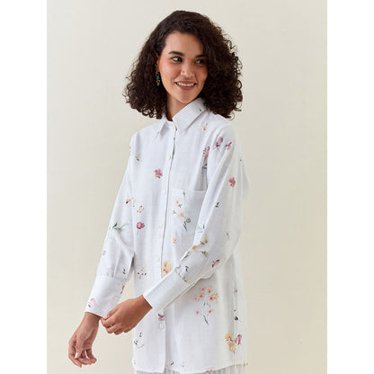 Anantaa by Roohi Trehan White Botanical Print Cotton Linen Shirt