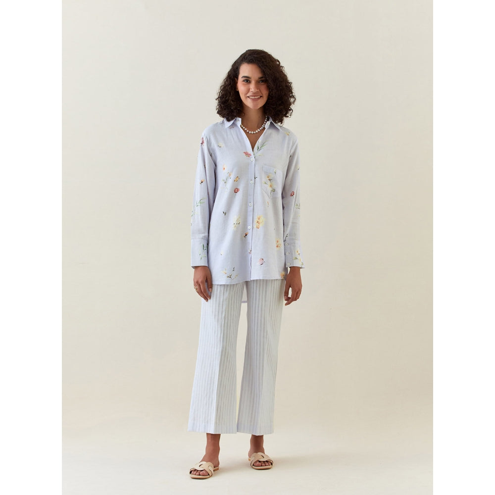 Anantaa by Roohi Trehan Blue Botanical Print Cotton Linen Shirt