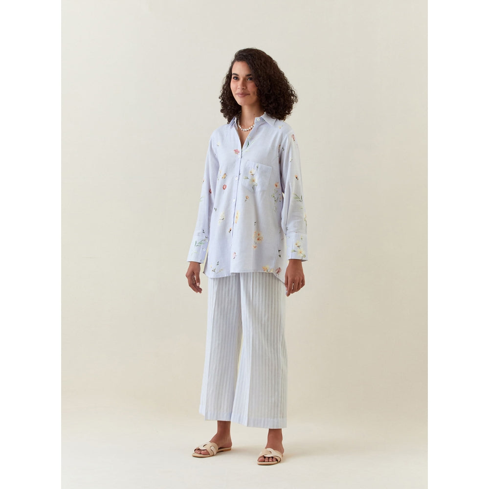 Anantaa by Roohi Trehan Blue Botanical Print Cotton Linen Shirt