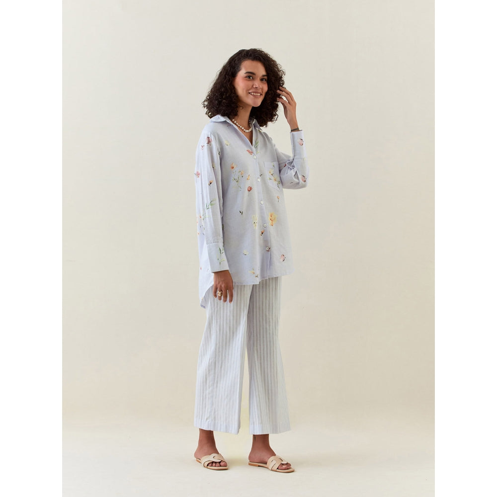Anantaa by Roohi Trehan Blue Botanical Print Cotton Linen Shirt
