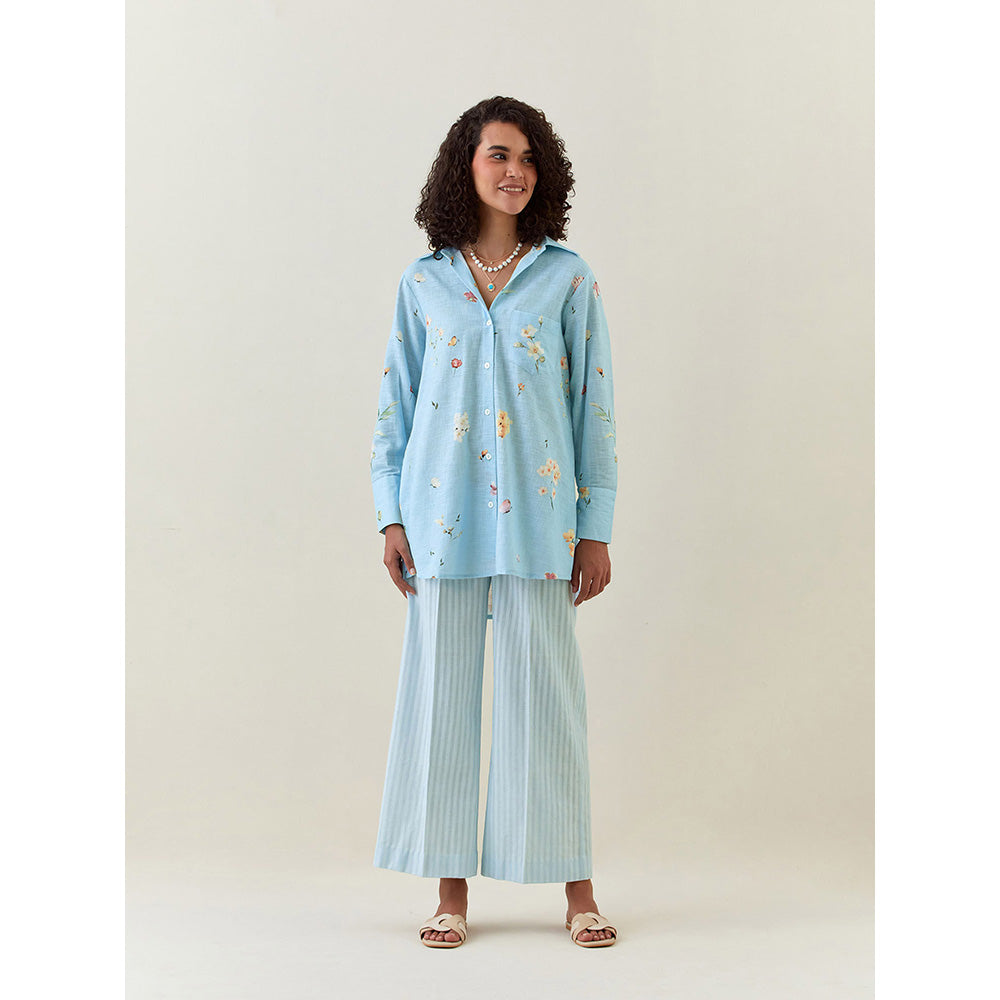 Anantaa by Roohi Trehan Blue Botanical Print Cotton Linen Shirt