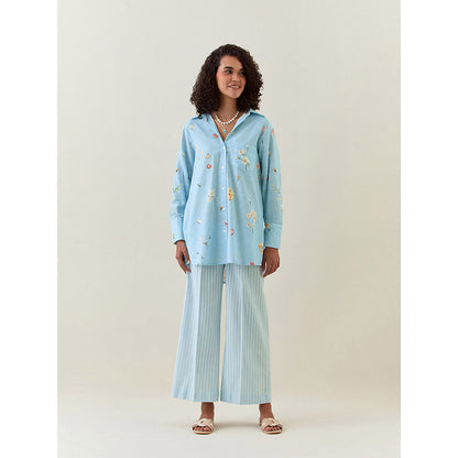 Anantaa by Roohi Trehan Blue Botanical Print Cotton Linen Shirt