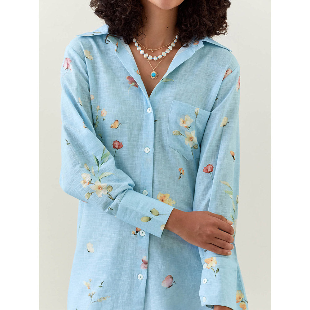 Anantaa by Roohi Trehan Blue Botanical Print Cotton Linen Shirt
