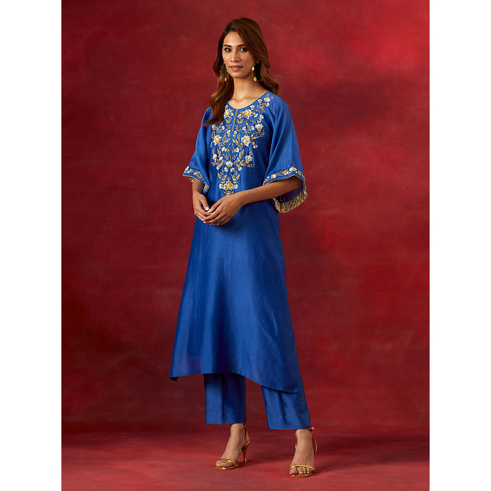 Anantaa by Roohi Trehan Blue Embroidered Yoke Kaftan Kurta With Pant (Set of 2)