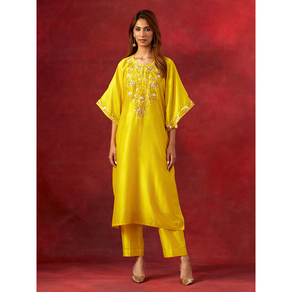 Anantaa by Roohi Trehan Yellow Embroidered Yoke Kaftan Kurta With Pant (Set of 2)