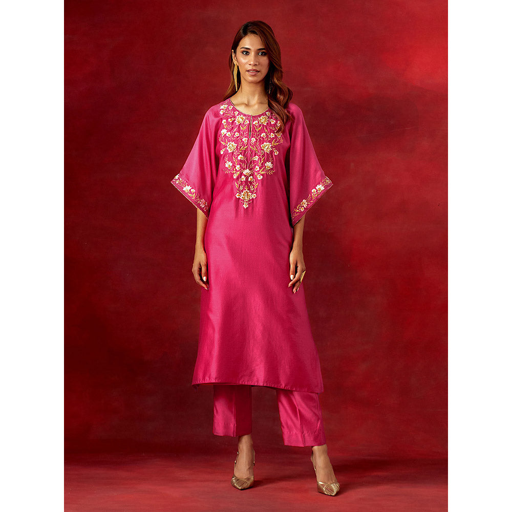 Anantaa by Roohi Trehan Fuchsia Embroidered Yoke Kaftan Kurta With Pant (Set of 2)