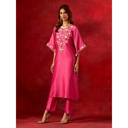 Anantaa by Roohi Trehan Fuchsia Embroidered Yoke Kaftan Kurta With Pant (Set of 2)
