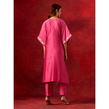 Anantaa by Roohi Trehan Fuchsia Embroidered Yoke Kaftan Kurta With Pant (Set of 2)