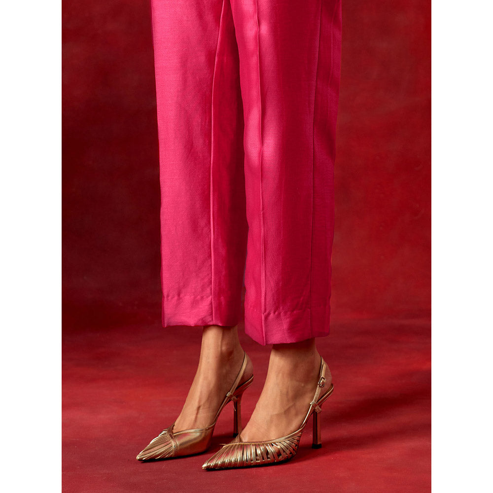 Anantaa by Roohi Trehan Fuchsia Embroidered Yoke Kaftan Kurta With Pant (Set of 2)
