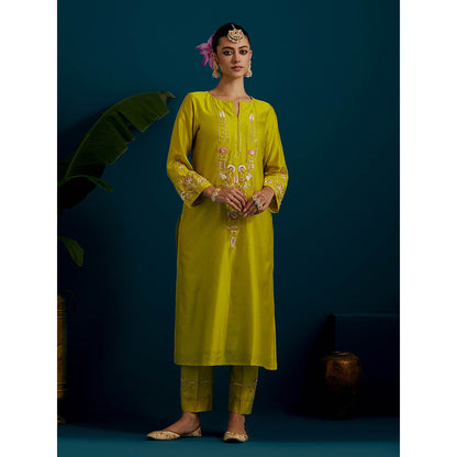 Anantaa by Roohi Trehan Lime Yellow Round Neck Long Yoke Kurta