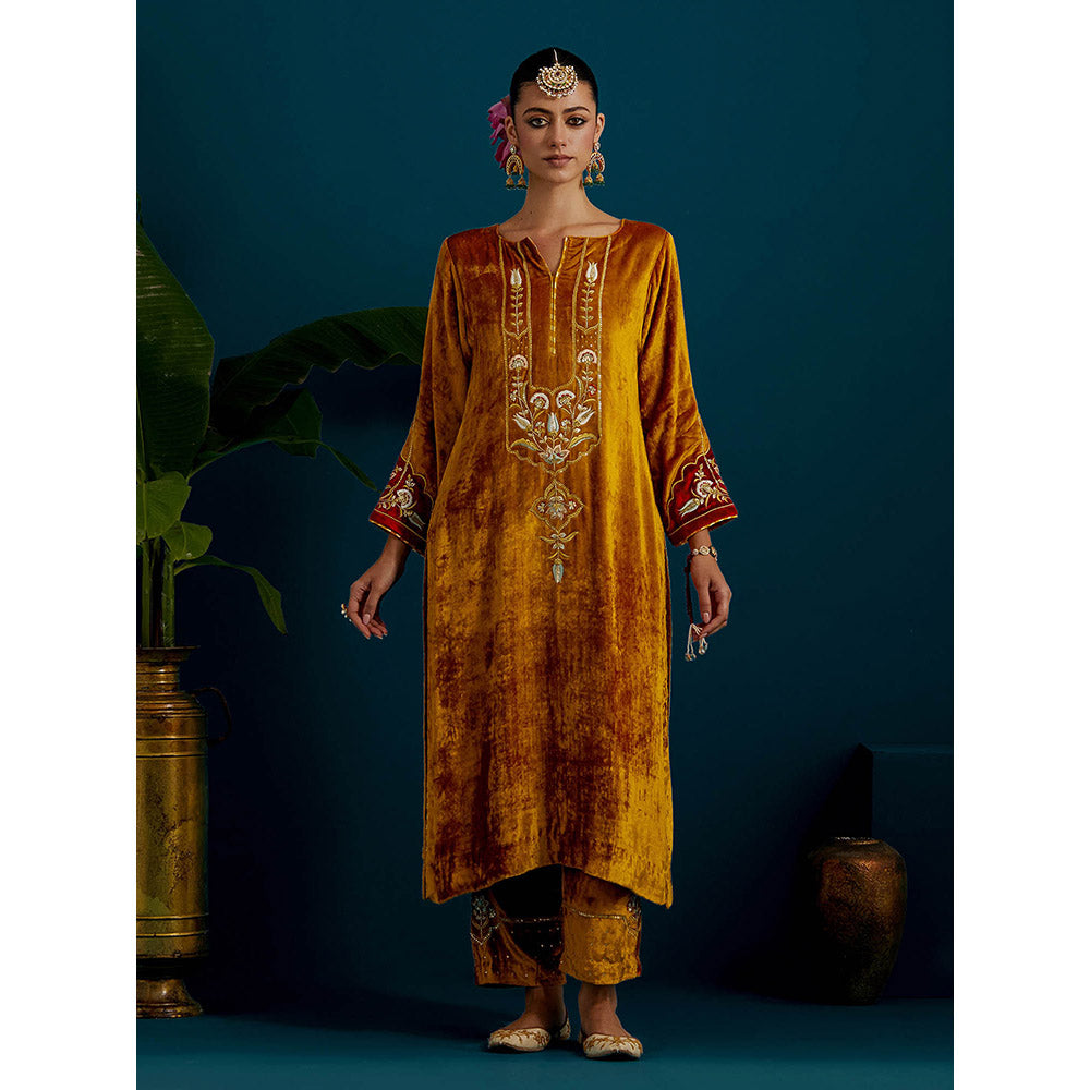 Anantaa by Roohi Trehan Mustard Orange Velvet Round Neck Kurta