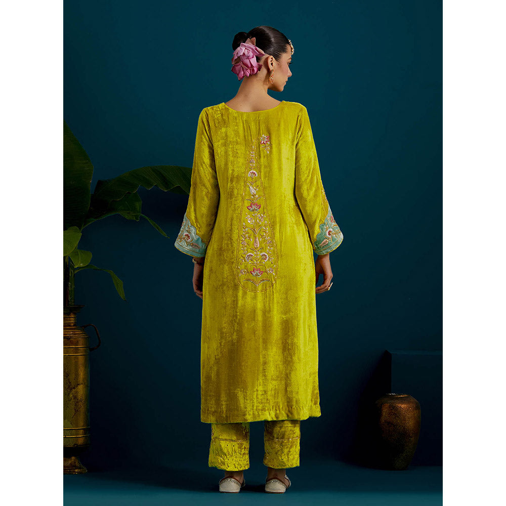 Anantaa by Roohi Trehan Lime Yellow Velvet Round Neck Kurta