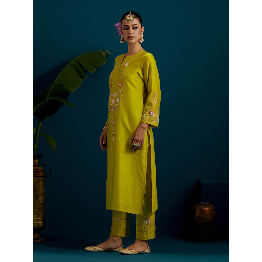 Anantaa by Roohi Trehan Lime Yellow Round Neck Long Yoke Kurta with Pant (Set of 2)