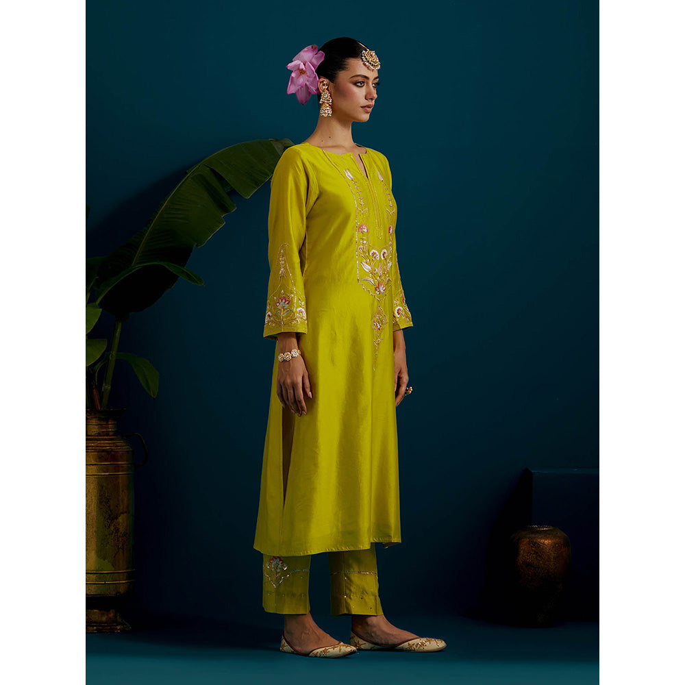 Anantaa by Roohi Trehan Lime Yellow Round Neck Long Yoke Kurta with Pant (Set of 2)