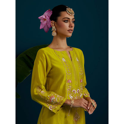 Anantaa by Roohi Trehan Lime Yellow Round Neck Long Yoke Kurta with Pant (Set of 2)