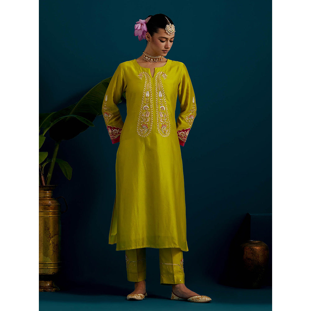 Anantaa by Roohi Trehan Lime Yellow Paisley Yoke Kurta with Pant (Set of 2)