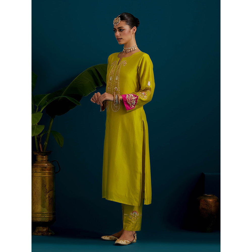 Anantaa by Roohi Trehan Lime Yellow Paisley Yoke Kurta with Pant (Set of 2)