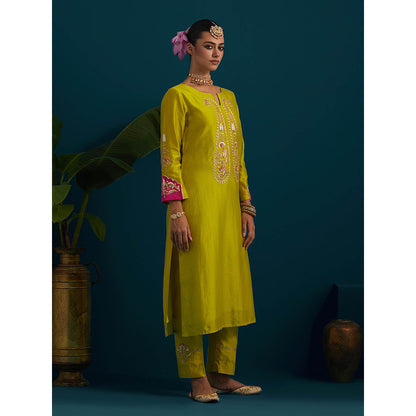 Anantaa by Roohi Trehan Lime Yellow Paisley Yoke Kurta with Pant (Set of 2)