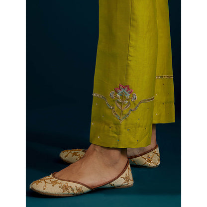 Anantaa by Roohi Trehan Lime Yellow Round Hem Kurta Back Motif with Pant (Set of 2)