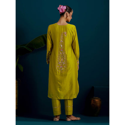Anantaa by Roohi Trehan Lime Yellow Round Hem Kurta Back Motif with Pant (Set of 2)