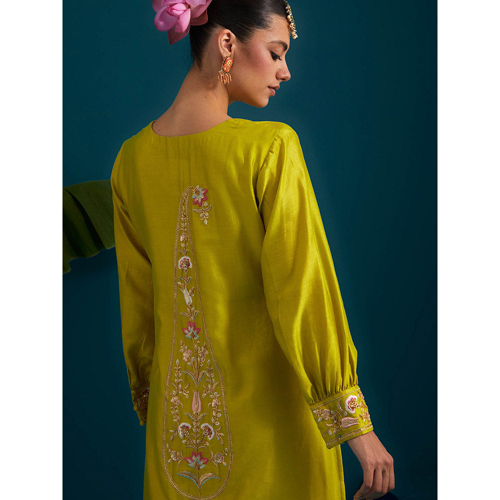 Anantaa by Roohi Trehan Lime Yellow Round Hem Kurta Back Motif with Pant (Set of 2)