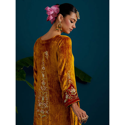 Anantaa by Roohi Trehan Mustard Orange Velvet Round Neck Kurta with Pant (Set of 2)