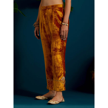 Anantaa by Roohi Trehan Mustard Orange Velvet Round Neck Kurta with Pant (Set of 2)