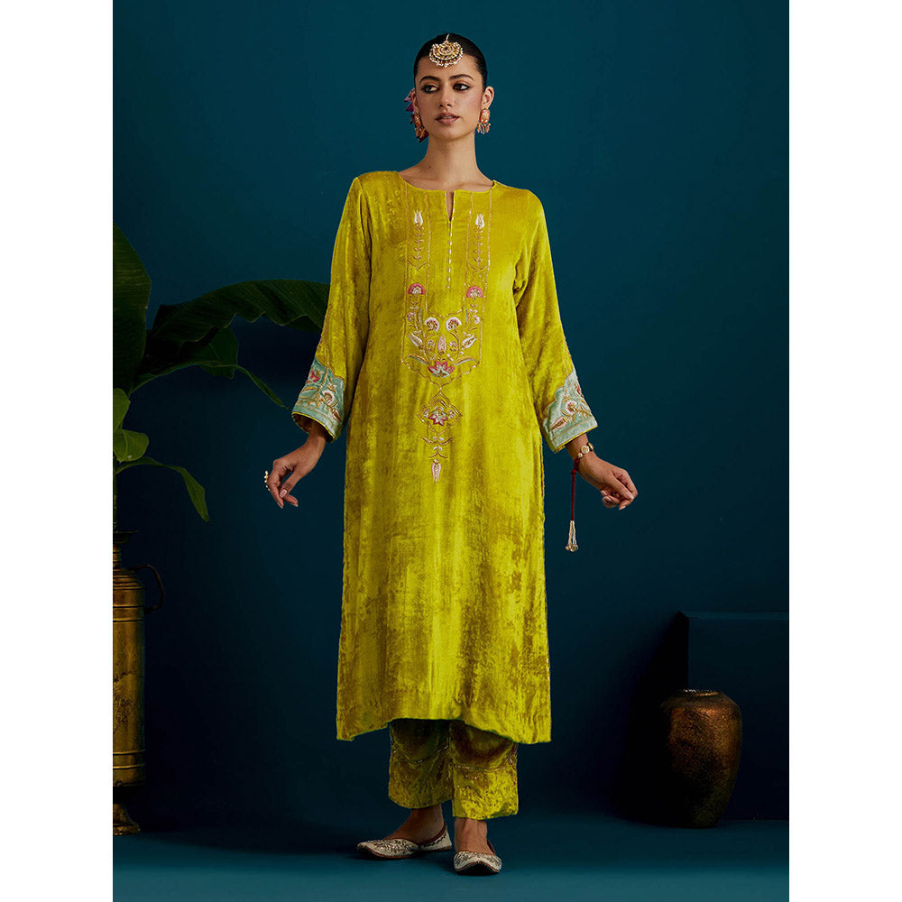 Anantaa by Roohi Trehan Lime Yellow Velvet Round Neck Kurta with Pant (Set of 2)