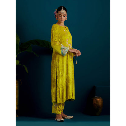Anantaa by Roohi Trehan Lime Yellow Velvet Round Neck Kurta with Pant (Set of 2)