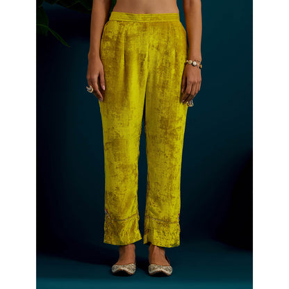 Anantaa by Roohi Trehan Lime Yellow Velvet Round Neck Kurta with Pant (Set of 2)