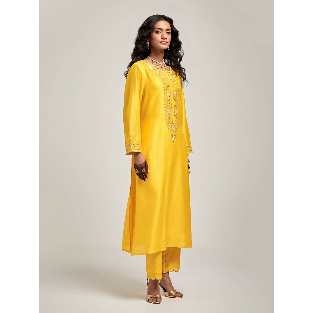 Anantaa by Roohi Trehan Embroidered Placket Kurta with Pant - Yellow