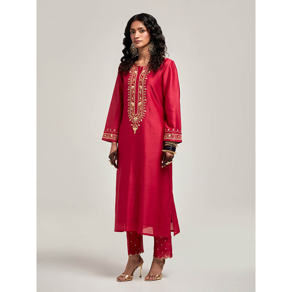 Anantaa by Roohi Trehan Embroidered Placket Kurta with Pant - Maroon