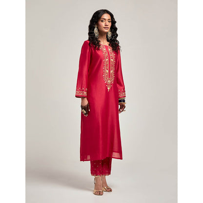 Anantaa by Roohi Trehan Embroidered Placket Kurta with Pant - Maroon