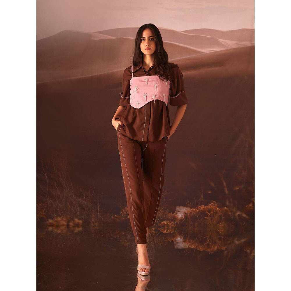 AN'ERA BY ASMITA VERMA Brown Glory Bustier with Shirt and Pant (Set of 3)