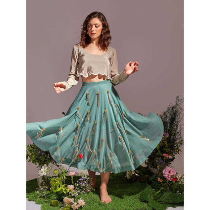 AN'ERA BY ASMITA VERMA Green Fleury Crop Top with Skirt (Set of 2)
